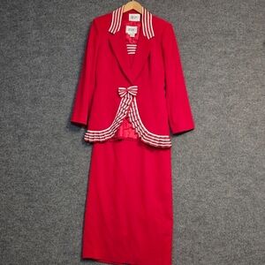 Christina Vibrant Red‎ Pencil Skirt, Shirt, and Jacket with Striped Accents